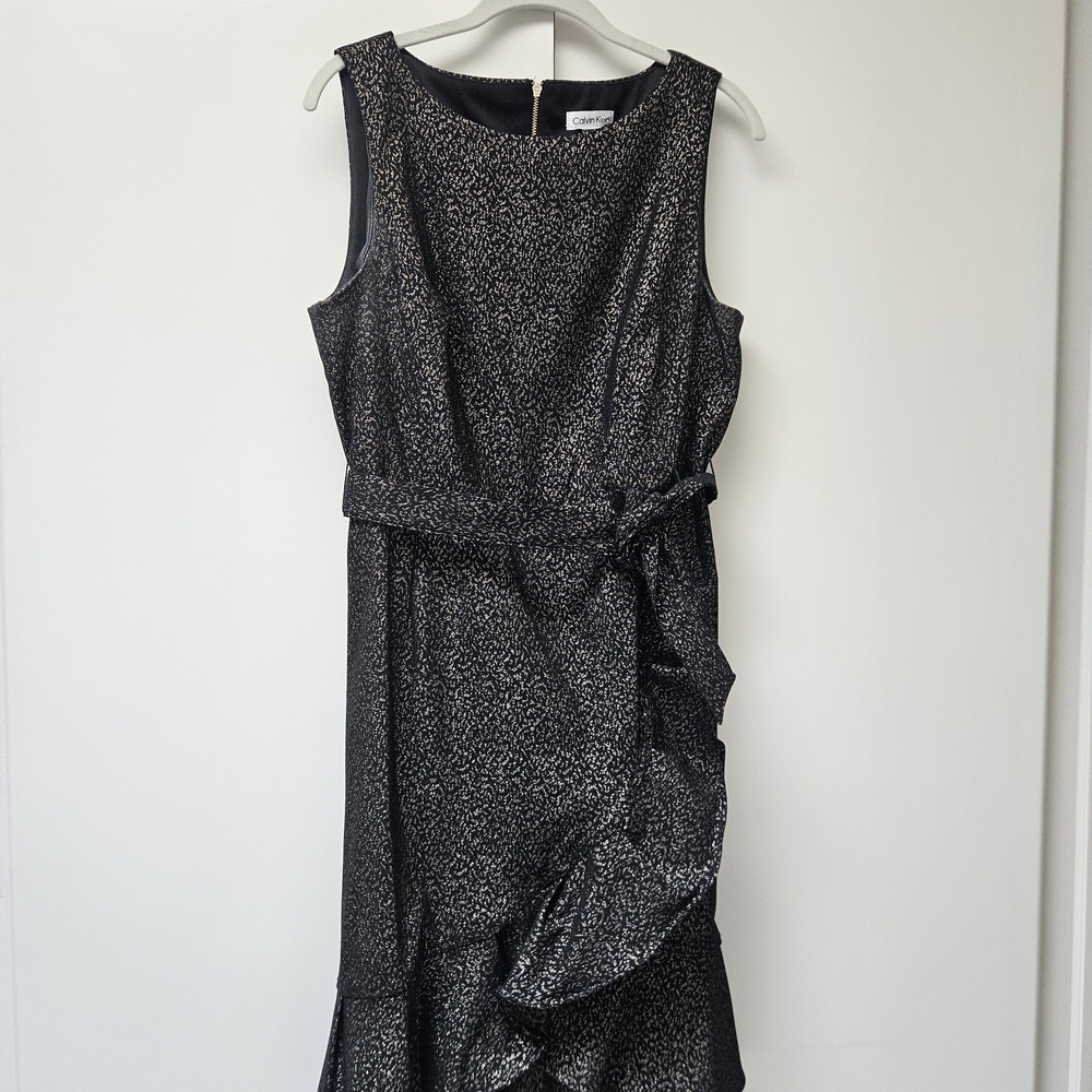 Calvin Klein Midi Dress Black with Gold Fleck Woven Throughout Ruffle Detail